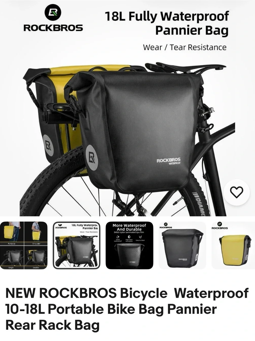 ROCKBROS Waterproof Rear Rack Bicycle Pannier Bag 10-18L Black